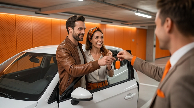Zufriedenes Paar erhält in einer Tiefgarage den Fahrzeugschlüssel von einem Unfallpaten-Partner.